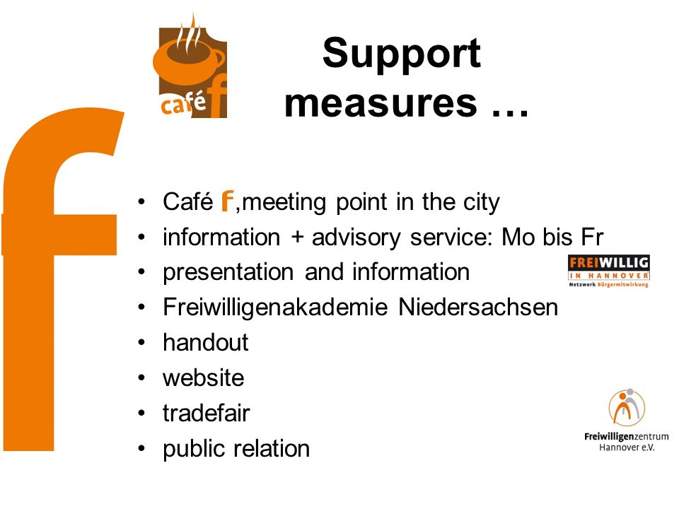 Support measures … Café,meeting point in the city information + advisory service: Mo bis Fr presentation and information Freiwilligenakademie Niedersachsen handout website tradefair public relation
