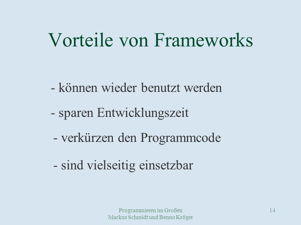 Programmieren im Großen Markus Schmidt und Benno Kröger 14 Vorteile von Frameworks - können wieder benutzt werden - sparen Entwicklungszeit - verkürzen den Programmcode - sind vielseitig einsetzbar
