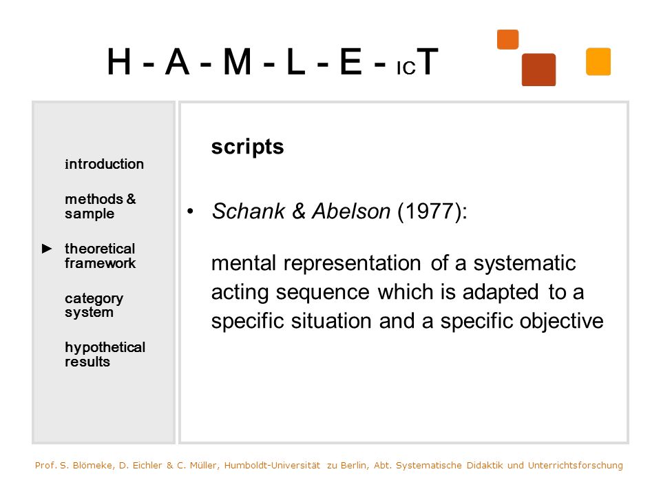 H - A - M - L - E - IC T scripts Schank & Abelson (1977): mental representation of a systematic acting sequence which is adapted to a specific situation and a specific objective Prof.