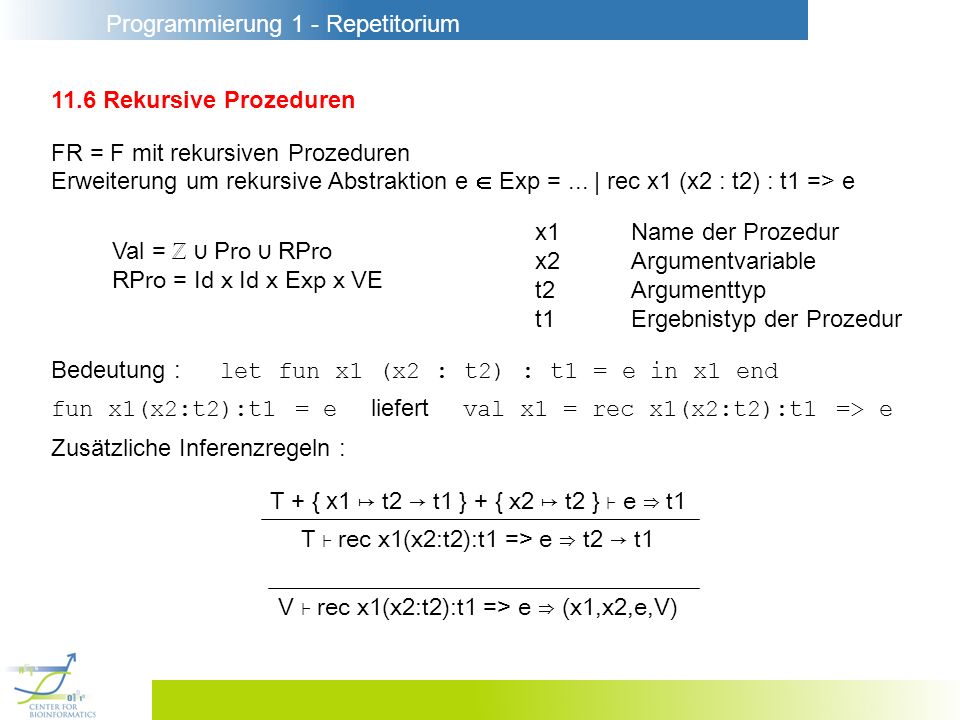 Programmierung 1 - Repetitorium 11.6 Rekursive Prozeduren FR = F mit rekursiven Prozeduren Erweiterung um rekursive Abstraktion e Exp =...