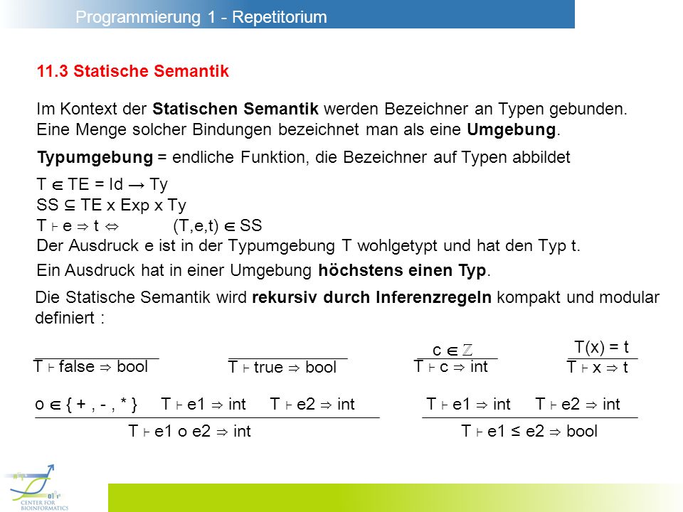 Programmierung 1 - Repetitorium 11.3 Statische Semantik Im Kontext der Statischen Semantik werden Bezeichner an Typen gebunden.