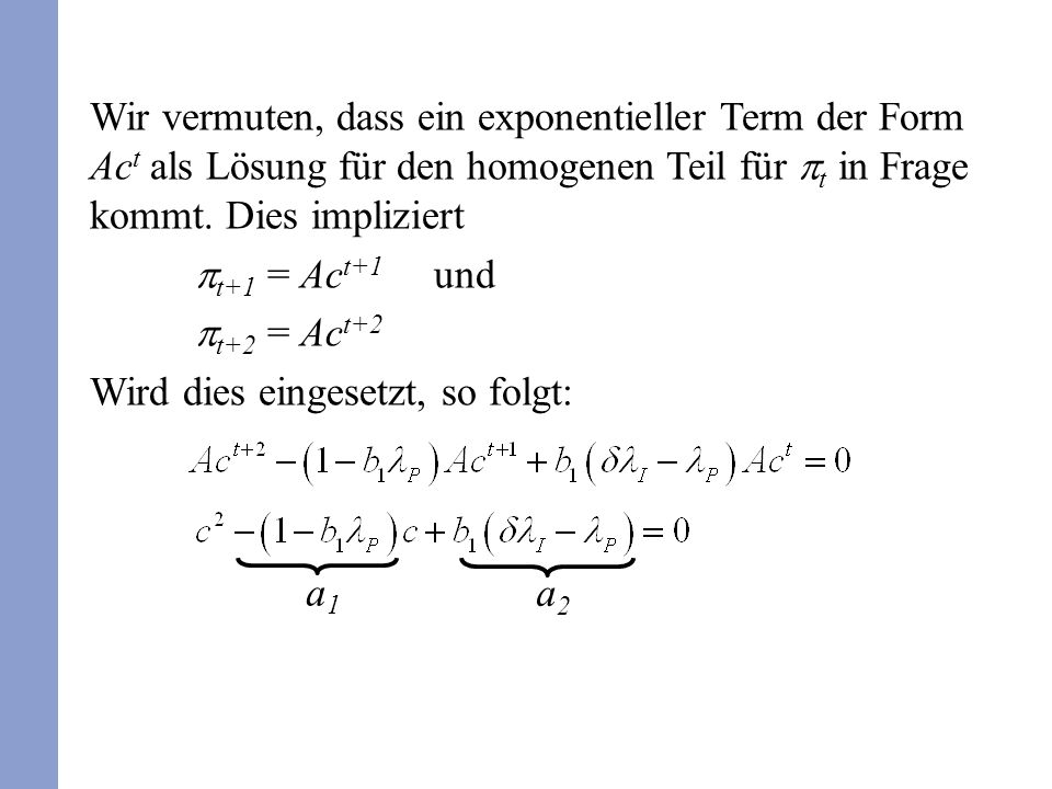 Wir vermuten, dass ein exponentieller Term der Form Ac t als Lösung für den homogenen Teil für t in Frage kommt.