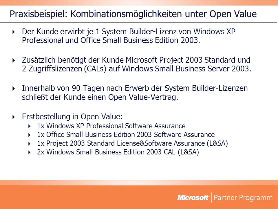 Der Kunde erwirbt je 1 System Builder-Lizenz von Windows XP Professional und Office Small Business Edition 2003.