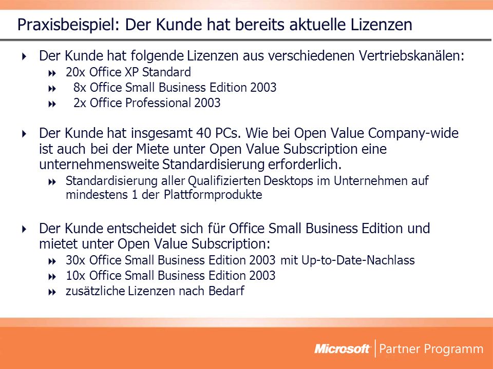 Der Kunde hat folgende Lizenzen aus verschiedenen Vertriebskanälen: 20x Office XP Standard 8x Office Small Business Edition x Office Professional 2003 Der Kunde hat insgesamt 40 PCs.