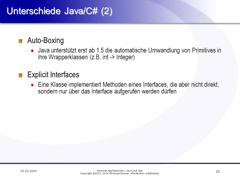 Internet Applikationen – Java und.Net Copyright ©2003, 2004 Christian Donner.