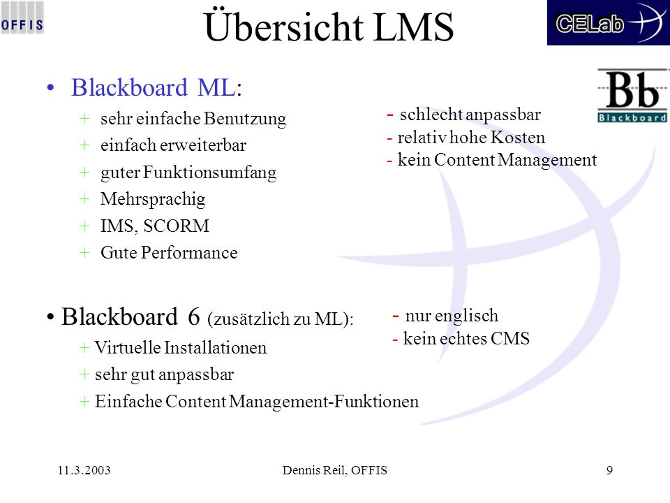 Dennis Reil, OFFIS9 Übersicht LMS Blackboard ML: +sehr einfache Benutzung +einfach erweiterbar +guter Funktionsumfang +Mehrsprachig +IMS, SCORM +Gute Performance - schlecht anpassbar - relativ hohe Kosten - kein Content Management - nur englisch - kein echtes CMS Blackboard 6 (zusätzlich zu ML): + Virtuelle Installationen + sehr gut anpassbar + Einfache Content Management-Funktionen