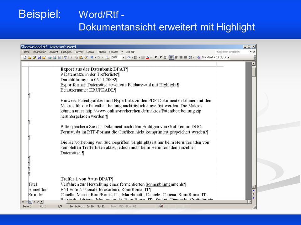 Beispiel: Word/Rtf - Dokumentansicht erweitert mit Highlight