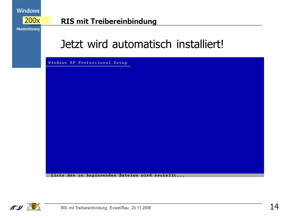 RIS mit Treibereinbindung RIS mit Treibereinbindung, Ewest/Rau, Windows 200x Musterlösung 14 Jetzt wird automatisch installiert!