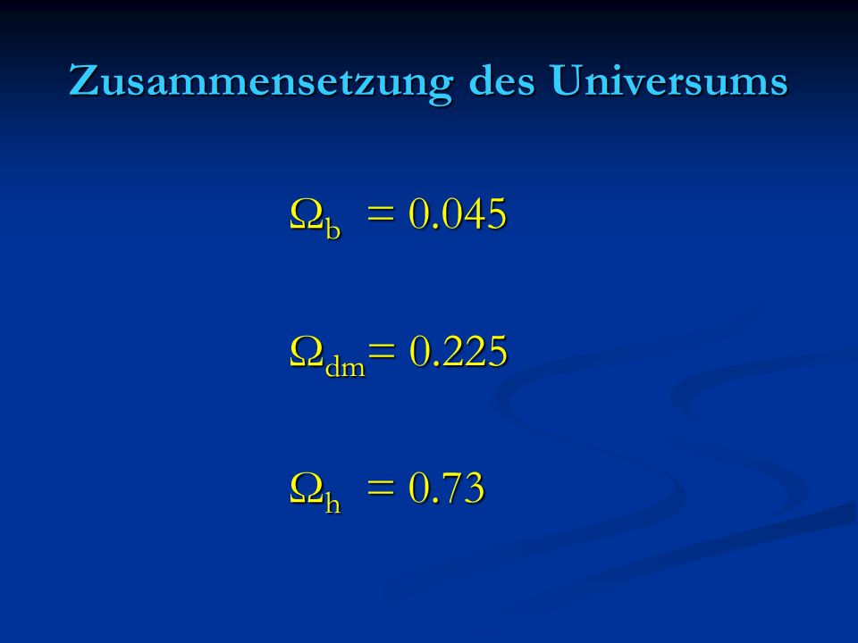 Zusammensetzung des Universums Ω b = Ω b = Ω dm = Ω dm = Ω h = 0.73 Ω h = 0.73