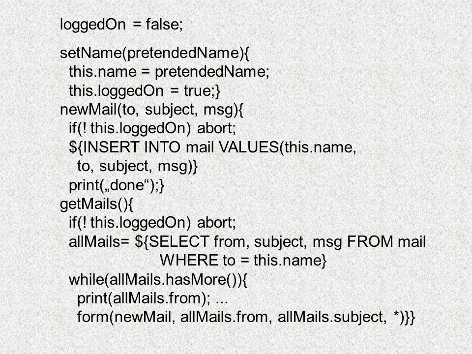 loggedOn = false; setName(pretendedName){ this.name = pretendedName; this.loggedOn = true;} newMail(to, subject, msg){ if(.