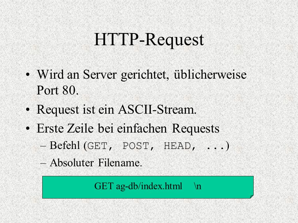 HTTP-Request Wird an Server gerichtet, üblicherweise Port 80.