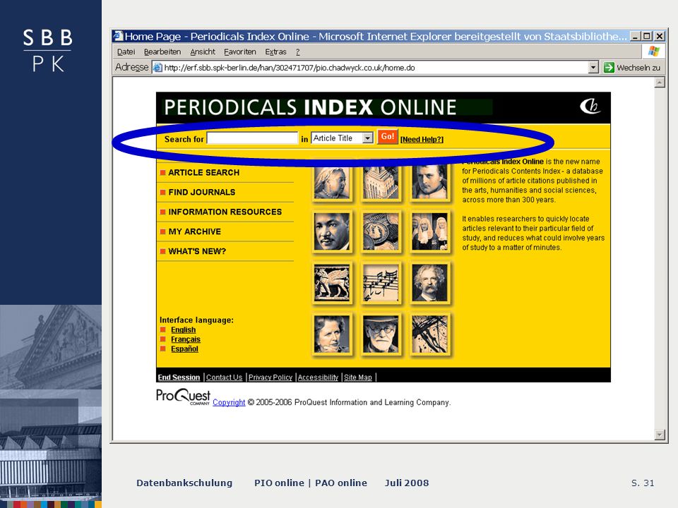 Datenbankschulung PIO online | PAO online Juli 2008S Quick Search