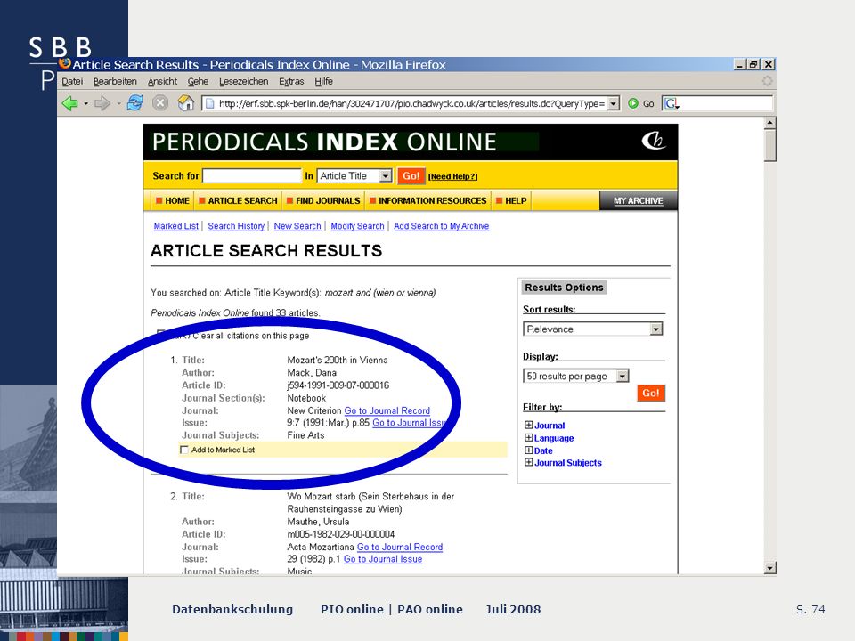 Datenbankschulung PIO online | PAO online Juli 2008S Article Search Results