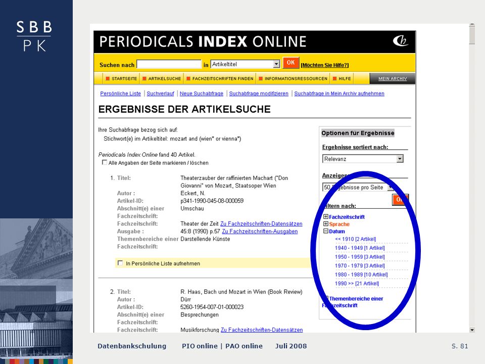 Datenbankschulung PIO online | PAO online Juli 2008S Filter Results By …