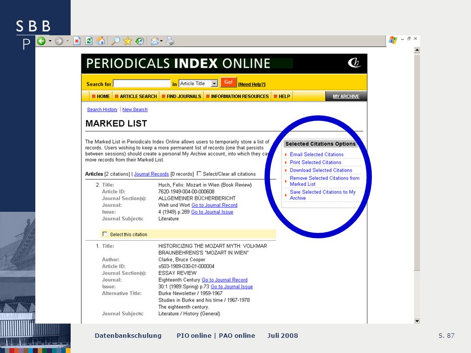 Datenbankschulung PIO online | PAO online Juli 2008S Marked List