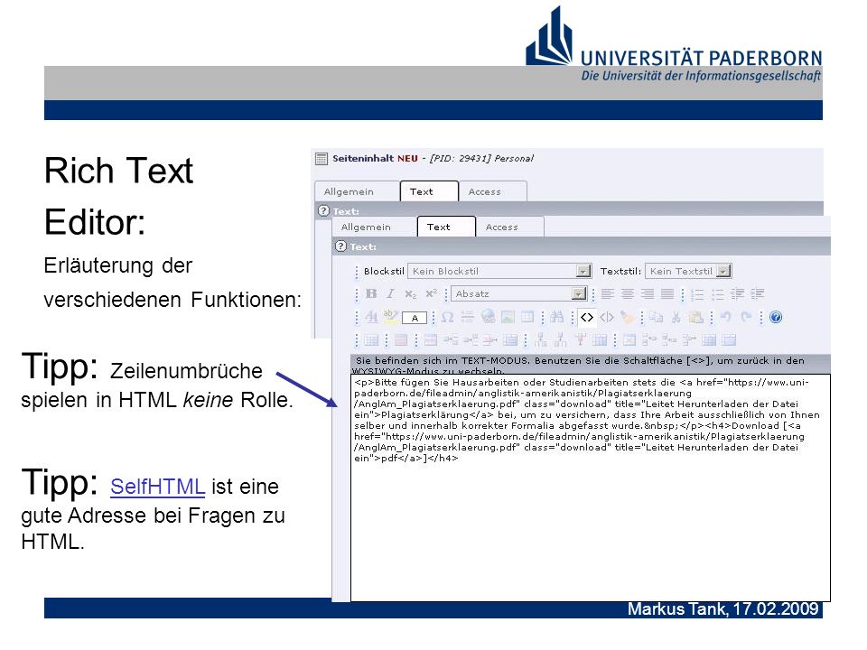 Markus Tank, Rich Text Editor: Erläuterung der verschiedenen Funktionen: Tipp: SelfHTML ist eine gute Adresse bei Fragen zu HTML.