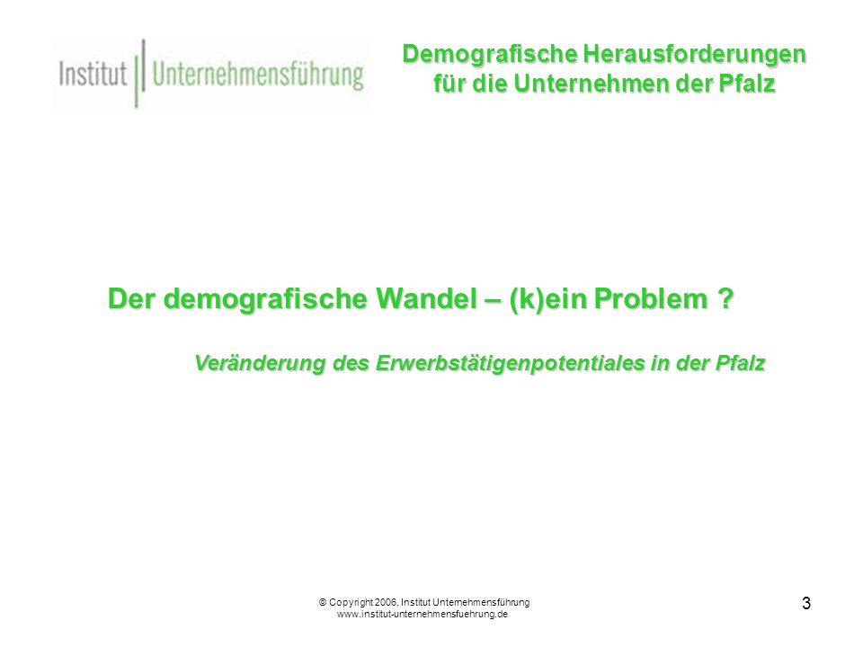 3 Demografische Herausforderungen für die Unternehmen der Pfalz © Copyright 2006, Institut Unternehmensführung   Der demografische Wandel – (k)ein Problem .
