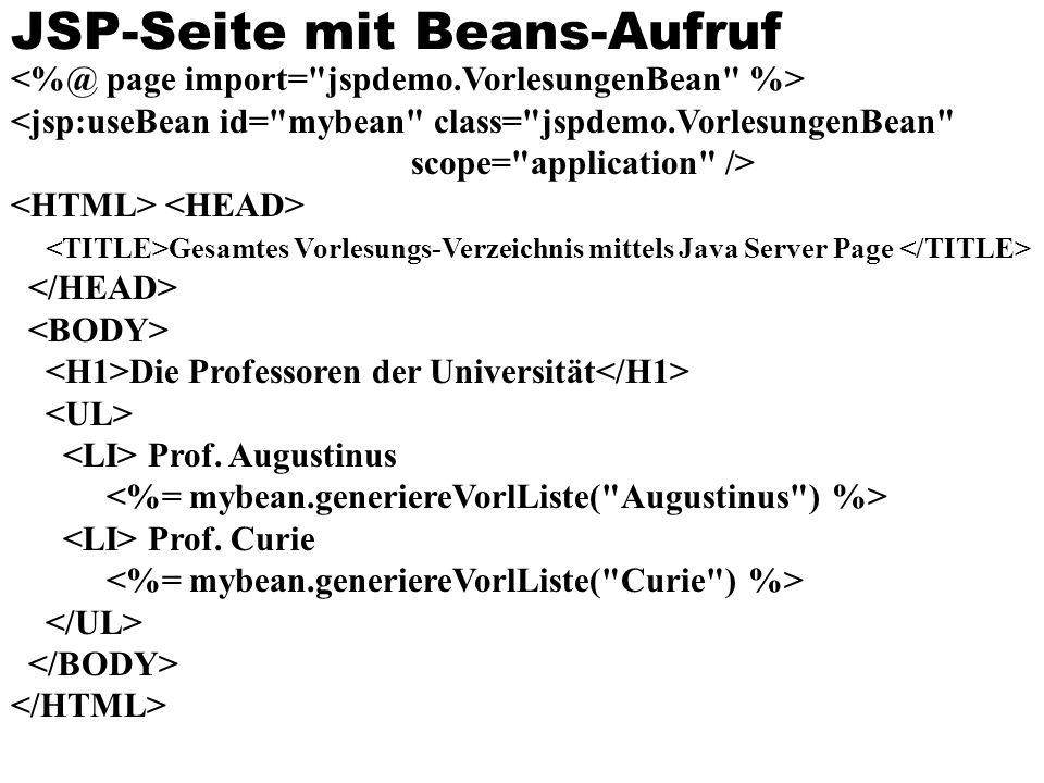 JSP-Seite mit Beans-Aufruf <jsp:useBean id= mybean class= jspdemo.VorlesungenBean scope= application /> Gesamtes Vorlesungs-Verzeichnis mittels Java Server Page Die Professoren der Universität Prof.