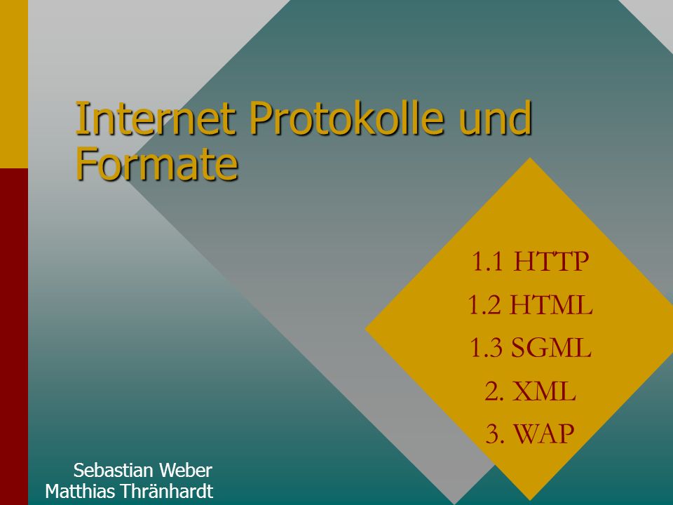 Internet Protokolle und Formate 1.1 HTTP 1.2 HTML 1.3 SGML 2.