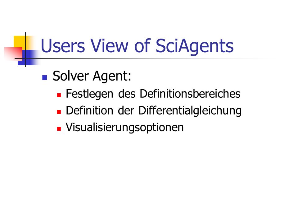 Users View of SciAgents Solver Agent: Festlegen des Definitionsbereiches Definition der Differentialgleichung Visualisierungsoptionen