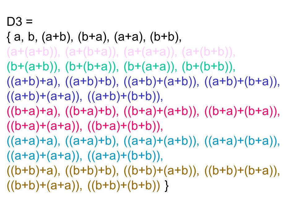D3 = { a, b, (a+b), (b+a), (a+a), (b+b), (a+(a+b)), (a+(b+a)), (a+(a+a)), (a+(b+b)), (b+(a+b)), (b+(b+a)), (b+(a+a)), (b+(b+b)), ((a+b)+a), ((a+b)+b), ((a+b)+(a+b)), ((a+b)+(b+a)), ((a+b)+(a+a)), ((a+b)+(b+b)), ((b+a)+a), ((b+a)+b), ((b+a)+(a+b)), ((b+a)+(b+a)), ((b+a)+(a+a)), ((b+a)+(b+b)), ((a+a)+a), ((a+a)+b), ((a+a)+(a+b)), ((a+a)+(b+a)), ((a+a)+(a+a)), ((a+a)+(b+b)), ((b+b)+a), ((b+b)+b), ((b+b)+(a+b)), ((b+b)+(b+a)), ((b+b)+(a+a)), ((b+b)+(b+b)) }