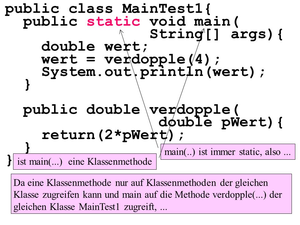 public class MainTest1{ public static void main( String[] args){ double wert; wert = verdopple(4); System.out.println(wert); } public double verdopple( double pWert){ return(2*pWert); } main(..) ist immer static, also...