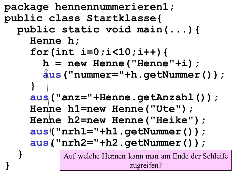 package hennennummerieren1; public class Startklasse{ public static void main(...){ Henne h; for(int i=0;i<10;i++){ h = new Henne( Henne +i); aus( nummer= +h.getNummer()); } aus( anz= +Henne.getAnzahl()); Henne h1=new Henne( Ute ); Henne h2=new Henne( Heike ); aus( nrh1= +h1.getNummer()); aus( nrh2= +h2.getNummer()); } Auf welche Hennen kann man am Ende der Schleife zugreifen