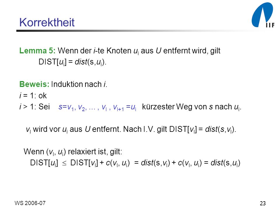 23WS Korrektheit Lemma 5: Wenn der i-te Knoten u i aus U entfernt wird, gilt DIST[u i ] = dist(s,u i ).