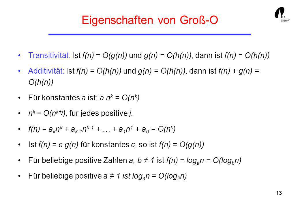13 Eigenschaften von Groß-O Transitivität: Ist f(n) = O(g(n)) und g(n) = O(h(n)), dann ist f(n) = O(h(n)) Additivität: Ist f(n) = O(h(n)) und g(n) = O(h(n)), dann ist f(n) + g(n) = O(h(n)) Für konstantes a ist: a n k = O(n k ) n k = O(n k+j ), für jedes positive j.