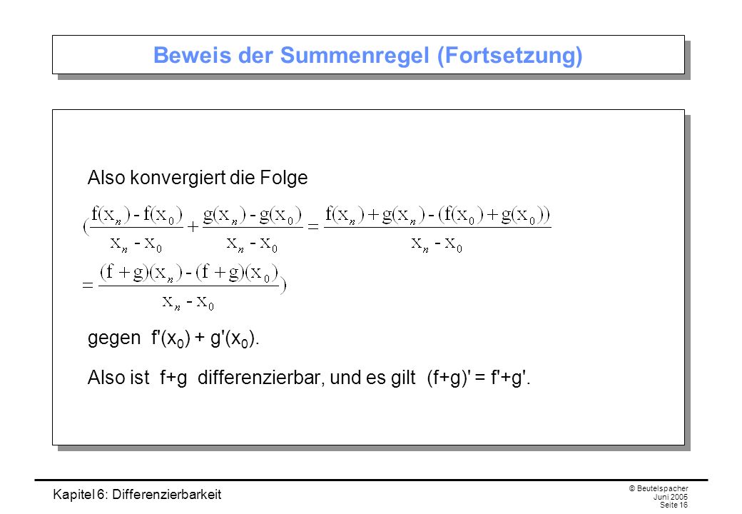 Kapitel 6: Differenzierbarkeit © Beutelspacher Juni 2005 Seite 16 Beweis der Summenregel (Fortsetzung) Also konvergiert die Folge gegen f (x 0 ) + g (x 0 ).