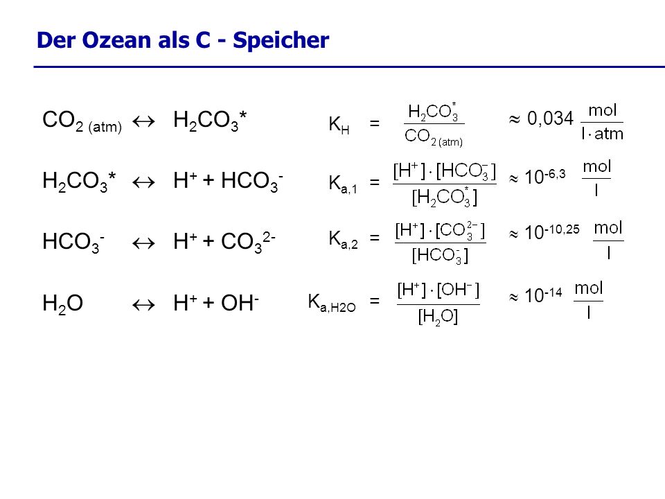 Der Ozean als C - Speicher CO 2 (atm) H 2 CO 3 * H 2 CO 3 * H + + HCO 3 - HCO 3 - H + + CO 3 2- H 2 O H + + OH - K H = K a,1 = K a,2 = K a,H2O = 0, , ,