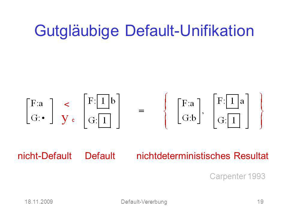 Default-Vererbung19 Gutgläubige Default-Unifikation nicht-Default Default nichtdeterministisches Resultat Carpenter 1993