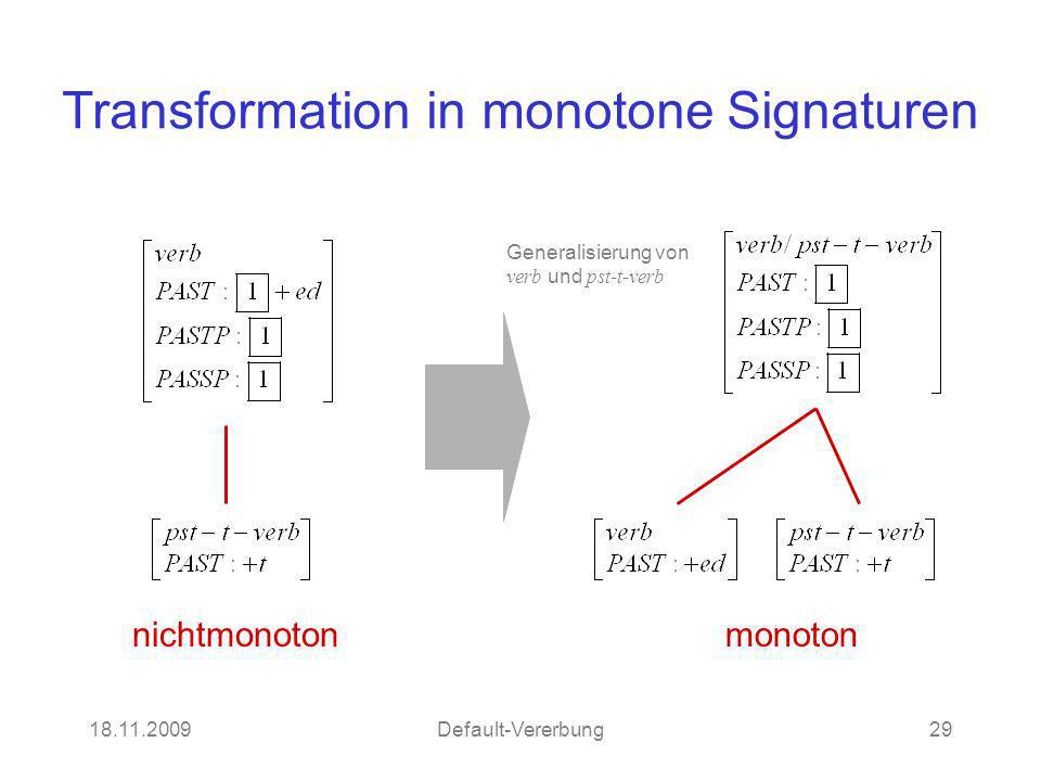 Default-Vererbung29 Transformation in monotone Signaturen nichtmonotonmonoton Generalisierung von verb und pst-t-verb