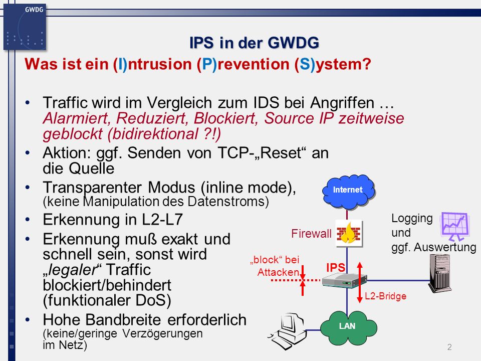 2 IPS in der GWDG Was ist ein (I)ntrusion (P)revention (S)ystem.