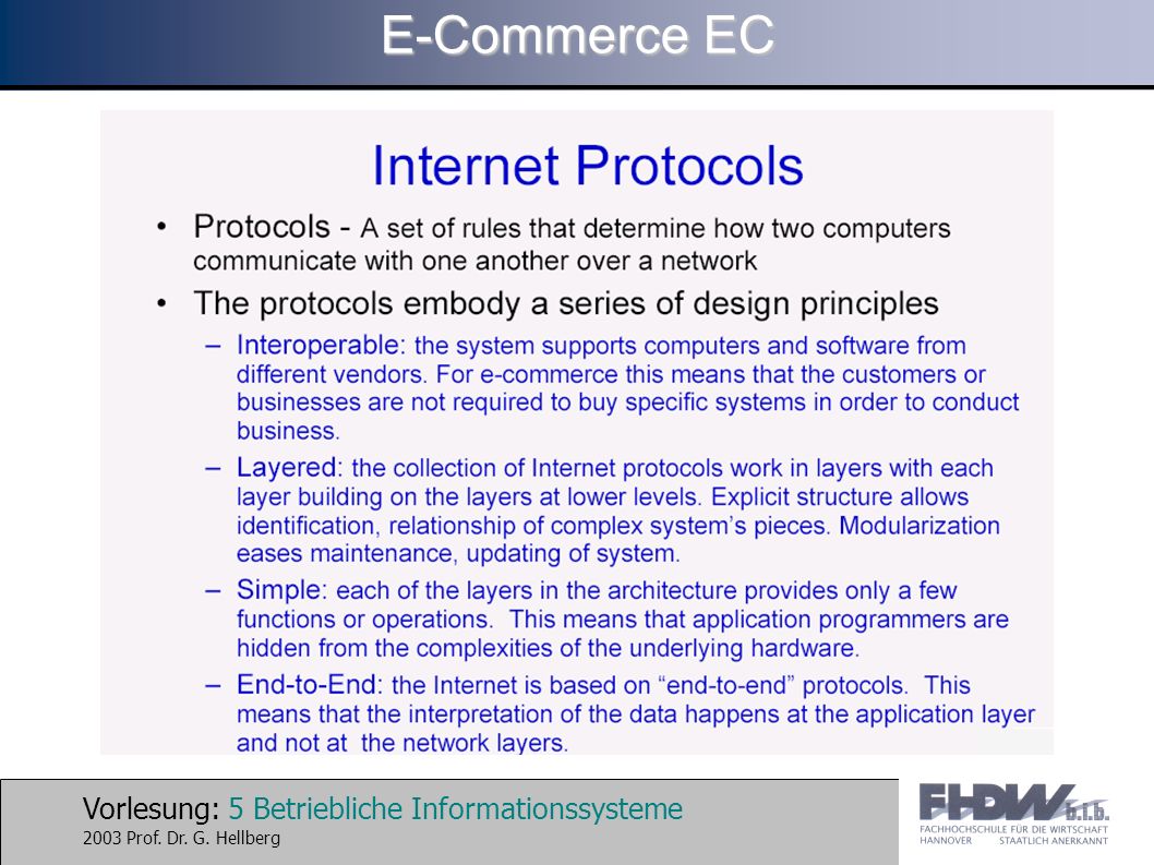 Vorlesung: 5 Betriebliche Informationssysteme 2003 Prof. Dr. G. Hellberg E-Commerce EC