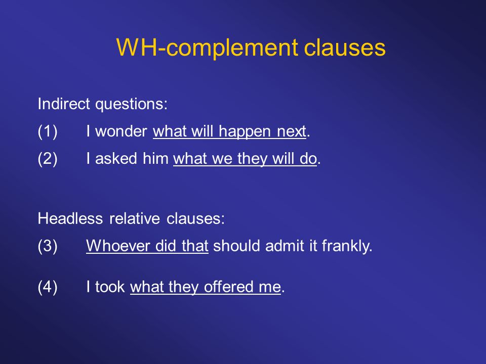WH-complement clauses Indirect questions: (1)I wonder what will happen next.