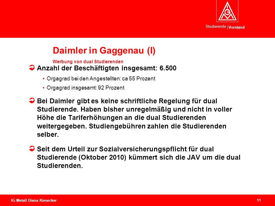 Vorstand Studierende 11 IG Metall Diana Kiesecker Daimler in Gaggenau (I) Werbung von dual Studierenden Anzahl der Beschäftigten insgesamt: Orgagrad bei den Angestellten: ca 55 Prozent Orgagrad insgesamt: 92 Prozent Bei Daimler gibt es keine schriftliche Regelung für dual Studierende.