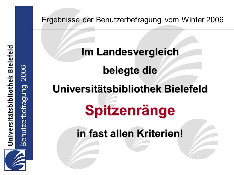 Benutzerbefragung 2006 Im Landesvergleich belegte die Universitätsbibliothek Bielefeld Spitzenränge in fast allen Kriterien.