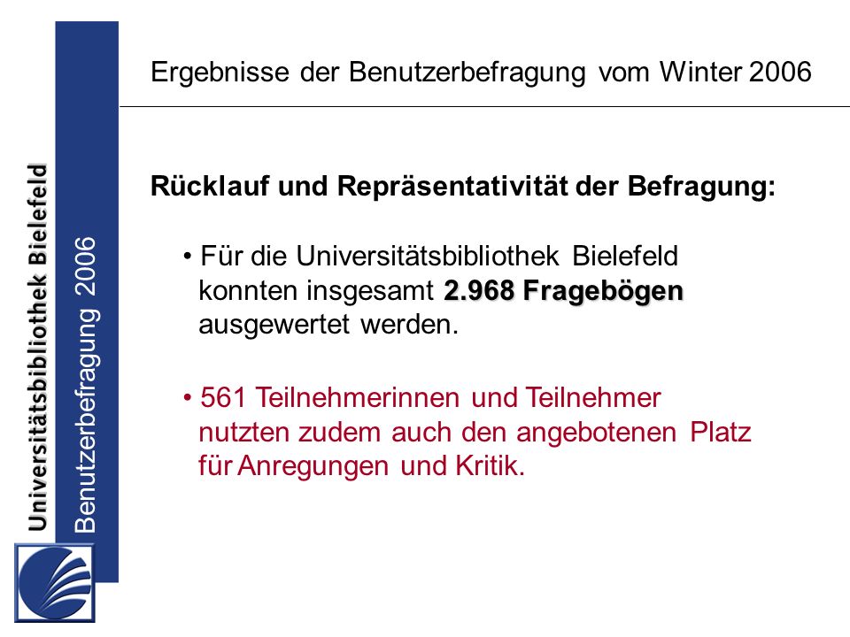 Benutzerbefragung 2006 Ergebnisse der Benutzerbefragung vom Winter 2006 Rücklauf und Repräsentativität der Befragung: Für die Universitätsbibliothek Bielefeld Fragebögen konnten insgesamt Fragebögen ausgewertet werden.