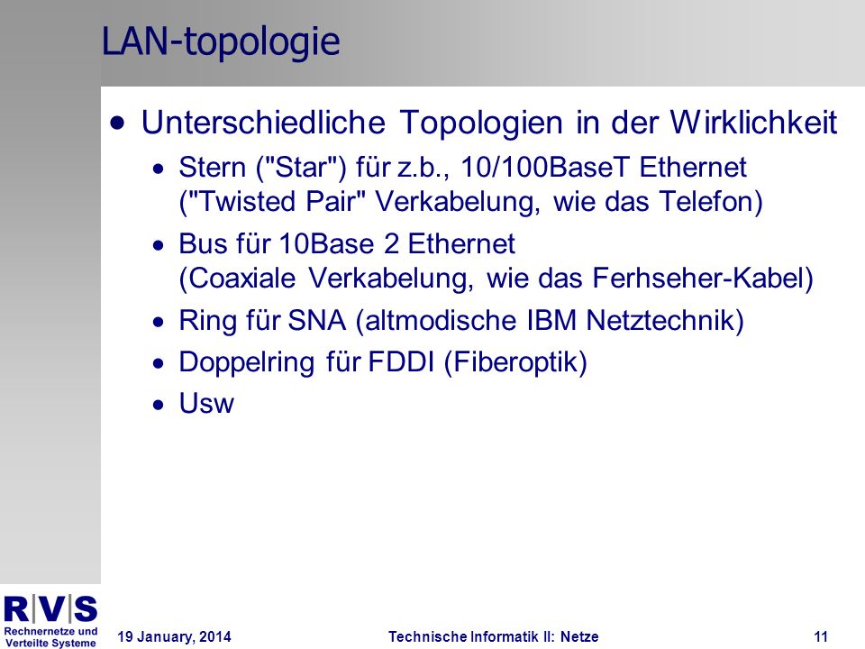 19 January, 2014Technische Informatik II: Netze11 LAN-topologie Unterschiedliche Topologien in der Wirklichkeit Stern ( Star ) für z.b., 10/100BaseT Ethernet ( Twisted Pair Verkabelung, wie das Telefon) Bus für 10Base 2 Ethernet (Coaxiale Verkabelung, wie das Ferhseher-Kabel) Ring für SNA (altmodische IBM Netztechnik) Doppelring für FDDI (Fiberoptik) Usw