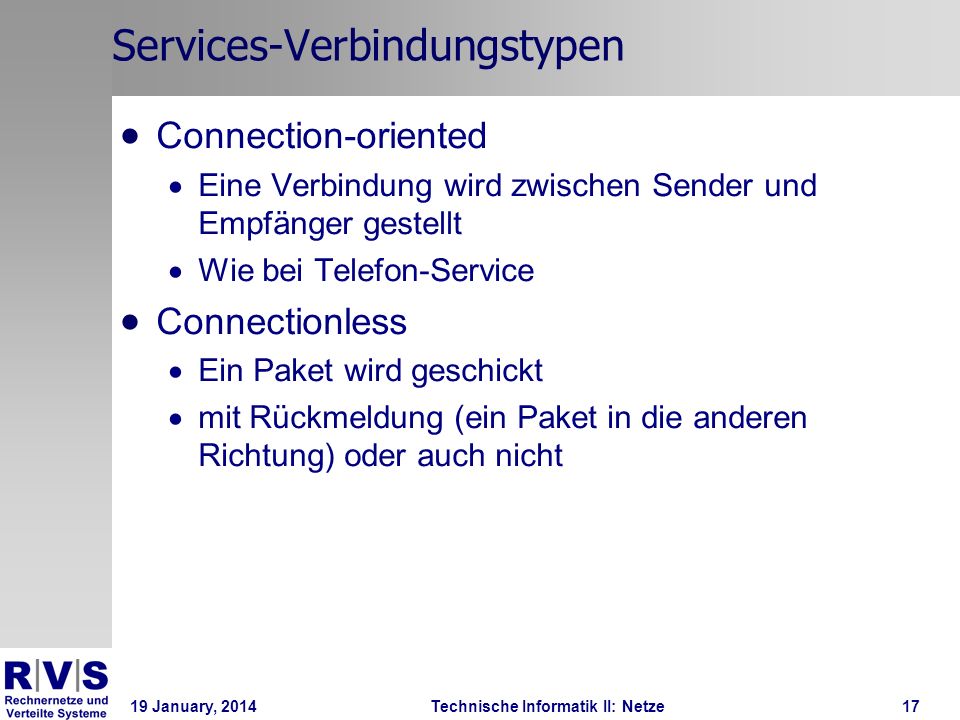 19 January, 2014Technische Informatik II: Netze17 Services-Verbindungstypen Connection-oriented Eine Verbindung wird zwischen Sender und Empfänger gestellt Wie bei Telefon-Service Connectionless Ein Paket wird geschickt mit Rückmeldung (ein Paket in die anderen Richtung) oder auch nicht