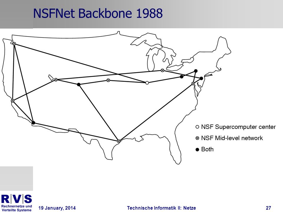 19 January, 2014Technische Informatik II: Netze27 NSFNet Backbone 1988