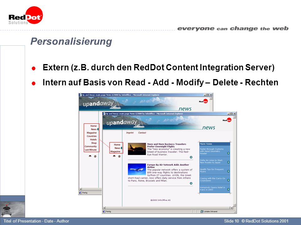 © RedDot Solutions 2001Slide 10Titel of Presentation - Date - Author Personalisierung Extern (z.B.