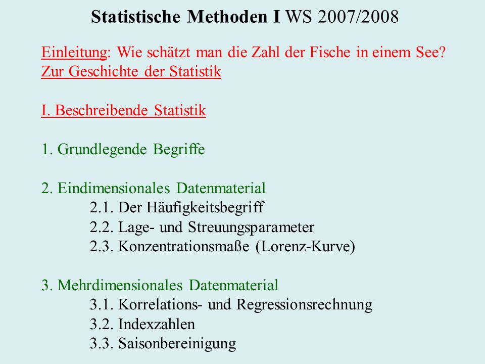 Statistische Methoden I WS 2007/2008 Einleitung: Wie schätzt man die Zahl der Fische in einem See.