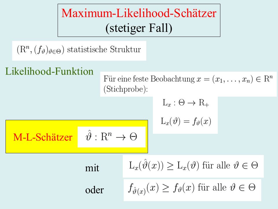 Maximum-Likelihood-Schätzer (stetiger Fall) Likelihood-Funktion mit oder M-L-Schätzer