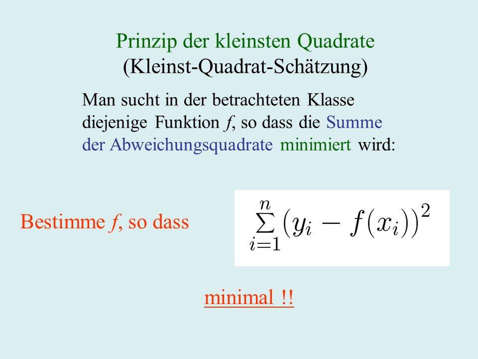 Prinzip der kleinsten Quadrate (Kleinst-Quadrat-Schätzung) Man sucht in der betrachteten Klasse diejenige Funktion f, so dass die Summe der Abweichungsquadrate minimiert wird: Bestimme f, so dass minimal !!
