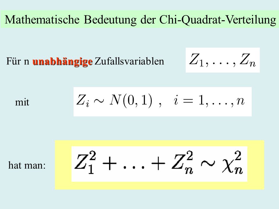 unabhängige Für n unabhängige Zufallsvariablen mit hat man: Mathematische Bedeutung der Chi-Quadrat-Verteilung