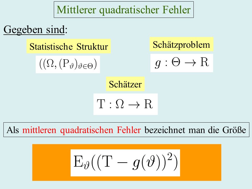 Mittlerer quadratischer Fehler Gegeben sind: Statistische Struktur Schätzproblem Als mittleren quadratischen Fehler bezeichnet man die Größe Schätzer
