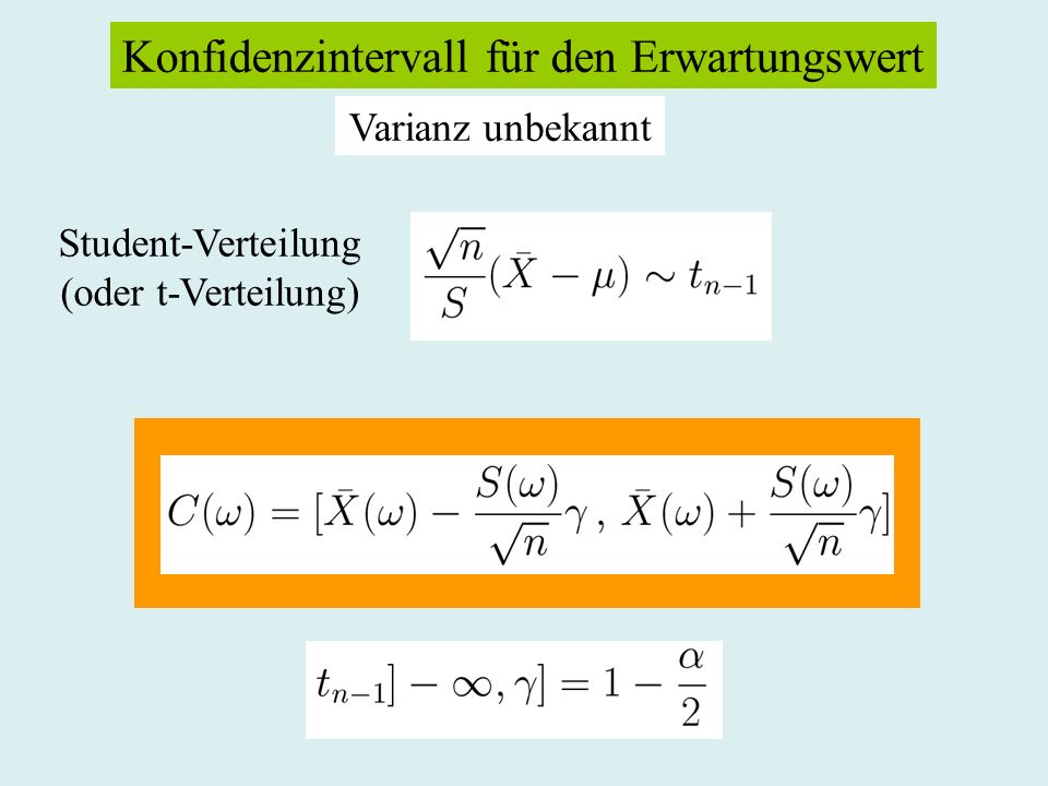 Konfidenzintervall für den Erwartungswert Varianz unbekannt Student-Verteilung (oder t-Verteilung)