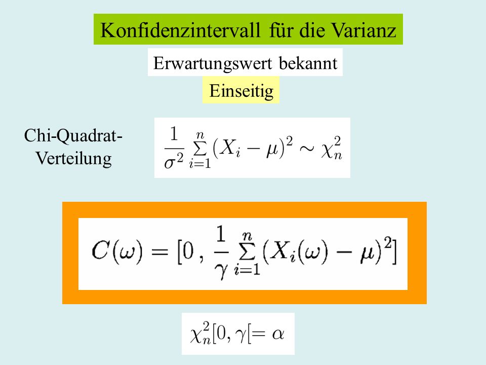 Konfidenzintervall für die Varianz Erwartungswert bekannt Einseitig Chi-Quadrat- Verteilung